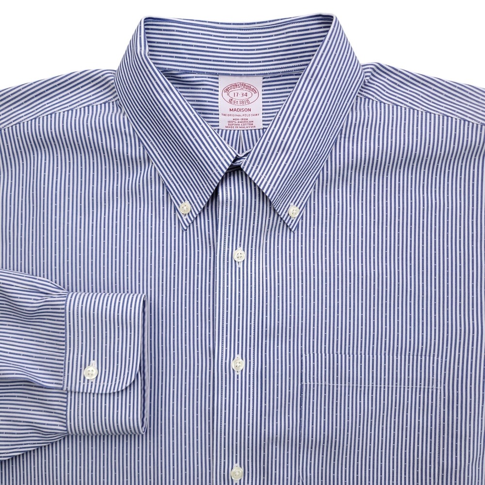 Brooks Brothers Dress Shirt 17 34 Madison Fit Non Iron Supima Blue White Stripe
